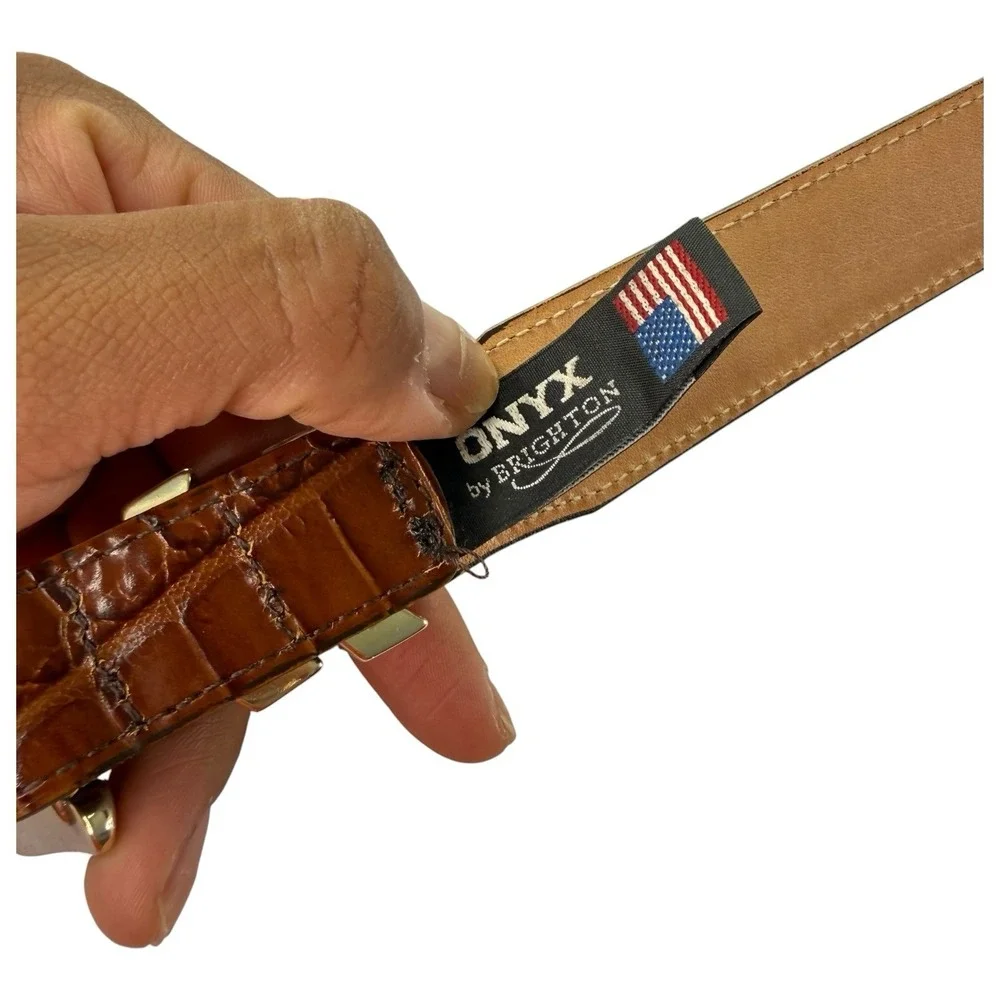ONYX by Brighton Men's Leather Belt 42 Brown Croc Embossed Italian Calfskin USA
